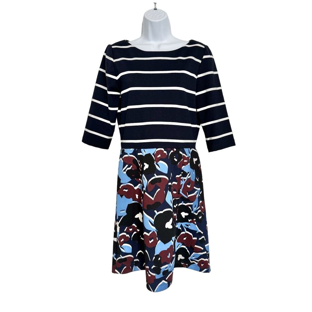Just…Taylor Dress Size 10 Navy White Striped Floral Skirt 3/4 Sleeve Knee Length